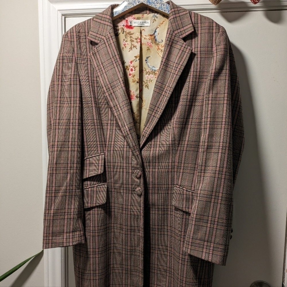 Della Spiga Weekend long blazer jacket top size 12 color checkered brown…